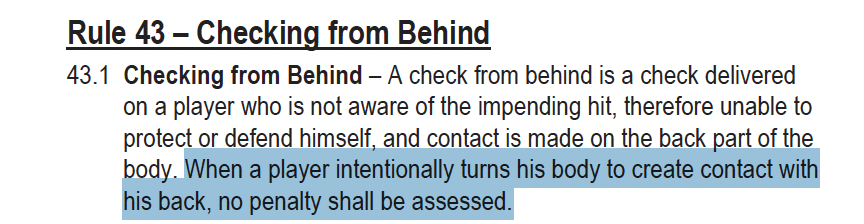 Buckfoston's tweet photo. I see your Rule 42 and raise you rule 43.
"When a player intentionally turns his body to create contact with his back, no penalty shall be assessed."
#canucks @FriedgeHNIC https://t.co/fYODpqHrQF