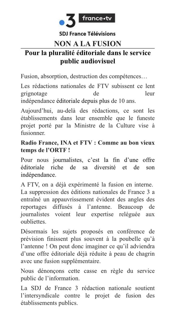 Le gouvernement veut restructurer l'audiovisuel public et imposer une fusion d'ici janvier 2026. 
L'ensemble des syndicats de France TV s'oppose à ce projet, et appelle tous les salariés à cesser le travail les 23 et 24 mai! 
Notre communiqué de soutien à l’intersyndicale 🔽