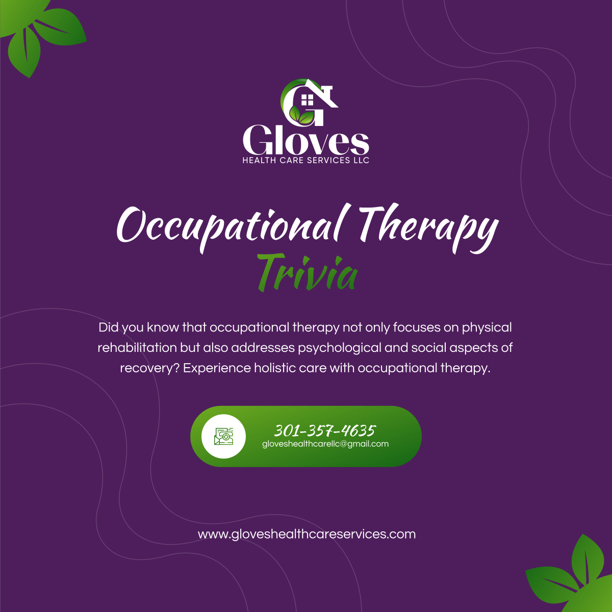 Discover the holistic approach of occupational therapy to enhance your well-being. Contact us today to explore personalized therapy options.

#SilverSpringMD #HomeHealthCare #OccupationalTherapy