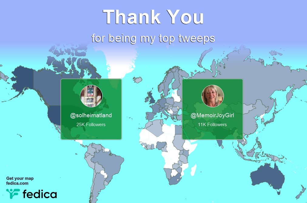 Special thanks to my top new tweeps this week @solheimatland, @MemoirJoyGirl