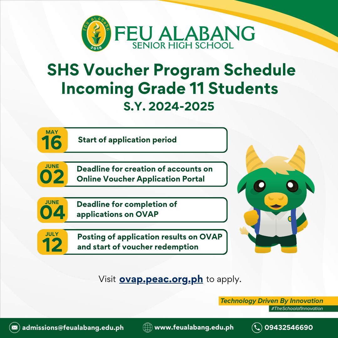 Calling all incoming Grade 11 students!

FEU Alabang is accepting SHS vouchers for all Grade 11 enrollees.  Register now for the FEU Senior High Admission Test at bit.ly/feuregistratio…