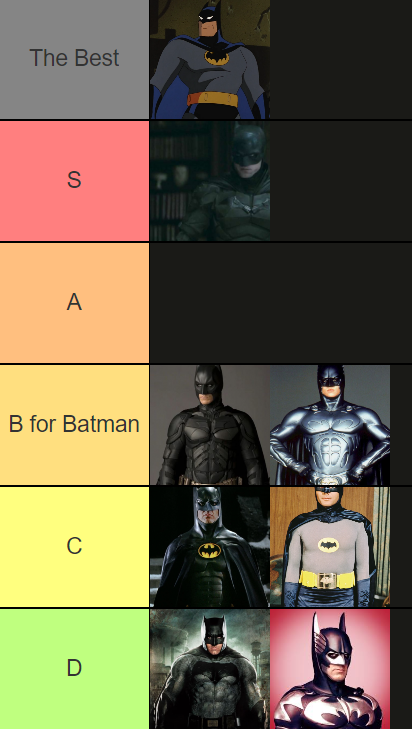 Batmen ranking.

For context.

I cannot put a batman that kills any higher than B tier.

it's impossible.