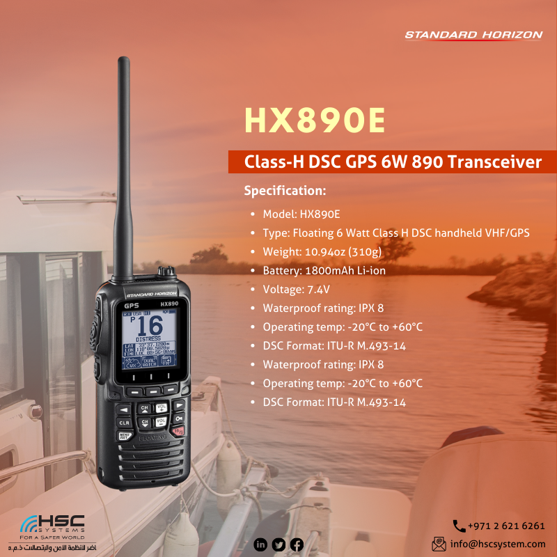 A highly sensitive 66-channel GPS receiver allows the HX890 to lock on to a position quickly and accurately. #HSCS #innovation #standardhorizon #marineradios #forasaferworld #uae #vhf #uhf #radios #abudhabi #ملتزمون_ياوطن #نتصدر_المشهد