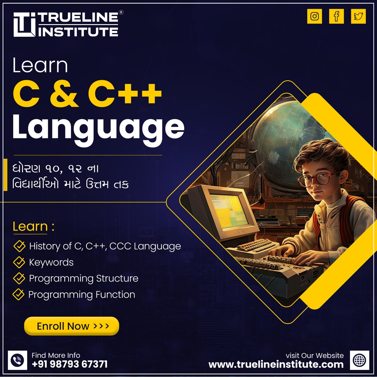 📢 Learn C & C++ Language | Trueline Institute
➡️ ધોરણ ૧૦, ૧૨ ના વિદ્યાર્થીઓ માટે ઉત્તમ તક
☎️ +91 98793 67371
🌐truelineinstitute.com
📧truelineinstitute@gmail.com
#truelineinstitute #itinstitute #learnc #learncpp #cprogramming #cppprogramming #codeincpp #programmingbasics