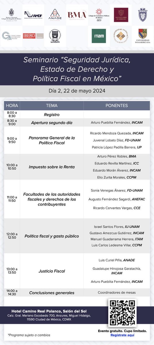 Miren nada más que eventazo armamos los principales colegios de profesionistas y facultades de derecho de la CDMX para analizar la política fiscal y su impacto jurídico-económico. No se lo pierdan. Es gratuito pero se deben de inscribir. Usen el QR que viene abajo.