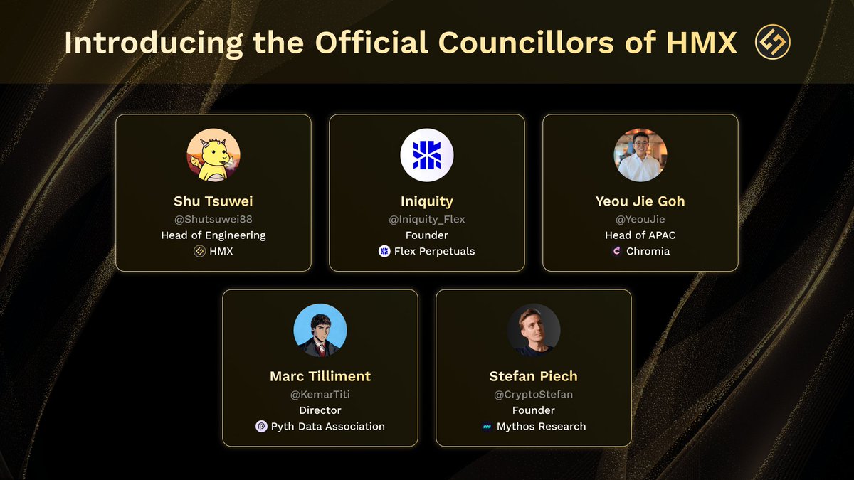 HMX ๐ (@hmxorg) on Twitter photo Dragons ๐, Introducing the councilors of $HMX:
๐น <a href="/shutsuwei88/">Shu | DESK ๐ </a> of <a href="/HMXorg/">HMX ๐</a>
๐น <a href="/KemarTiti/">Marc | Pyth ๐ฎ</a> of <a href="/PythNetwork/">Pyth Network ๐ฎ</a>
๐น <a href="/CryptoStefan/">Stฮfan</a> of Mythos Research
๐น <a href="/YeouJie/">Yeou Jie</a> of <a href="/Chromia/">Chromia | Power to the Public</a>
๐น <a href="/Iniquity_Flex/">Iniquity.Flex</a> of <a href="/Flexperpetuals/">Flex Perpetuals</a>
Please welcome these visionaries as they steer the future of $HMX! ๐ Dragons ๐, Introducing the councilors of $HMX:
๐น <a href="/shutsuwei88/">Shu | DESK ๐ </a> of <a href="/HMXorg/">HMX ๐</a>
๐น <a href="/KemarTiti/">Marc | Pyth ๐ฎ</a> of <a href="/PythNetwork/">Pyth Network ๐ฎ</a>
๐น <a href="/CryptoStefan/">Stฮfan</a> of Mythos Research
๐น <a href="/YeouJie/">Yeou Jie</a> of <a href="/Chromia/">Chromia | Power to the Public</a>
๐น <a href="/Iniquity_Flex/">Iniquity.Flex</a> of <a href="/Flexperpetuals/">Flex Perpetuals</a>
Please welcome these visionaries as they steer the future of $HMX! ๐