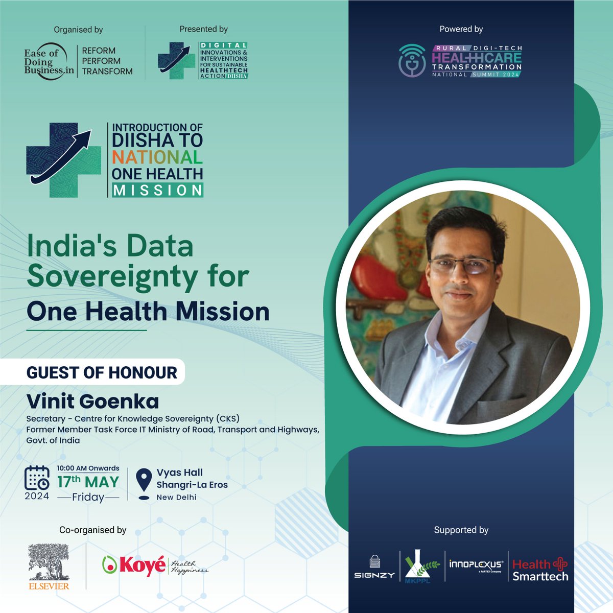 We are elated to announce that @vinitgoenka Secretary- @CKSIndia, will be addressing on 'India's Data Sovereignty for One Health Mission' as Guest of Honour, at the “Introduction of DIISHA to National One Health Mission” meet today on Friday, 17th May, 2024.