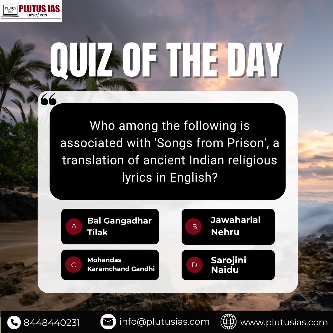 Test your knowledge! ✨ Who translated 'Songs from Prison', a collection of ancient Indian religious lyrics, into English? Comment your answer below! . . . #plutusias #quiz #upscquiz #questionoftheday #upsc #cse #trending #civilservices #explore #trend #follow #aspirants