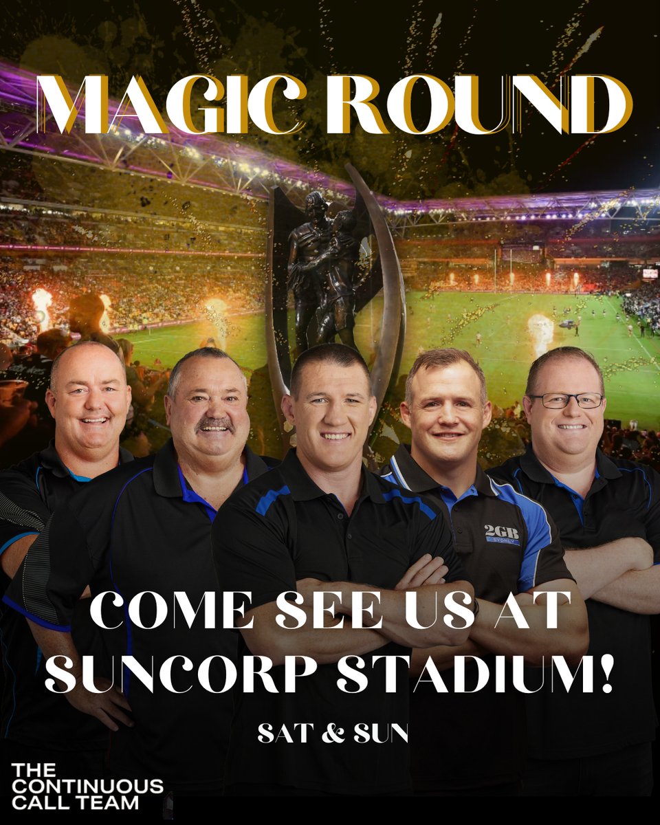 FROM 1pm on both Saturday and Sunday, come say g'day to the @ContinuousCall! The crew will be broadcasting from the North Plaza, next to the Wally Lewis Statue outside Suncorp Stadium. @marklevy2gb @therealbigmarn @PaulGallen13