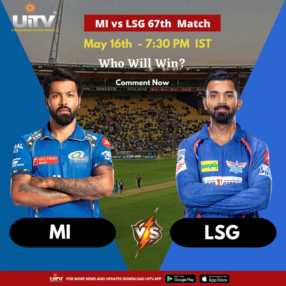 🏏 Excitement is at its peak as the Mumbai Indians clash with the Lucknow Super Giants today in a thrilling IPL showdown! 🔥💥 Who will emerge victorious? 🏆 Let's gear up for an epic battle of cricketing titans! 🙌🎉📺🤩 #MIvsLSG #IPL2024 #CricketFever #MatchDayMadness 🏏🔥