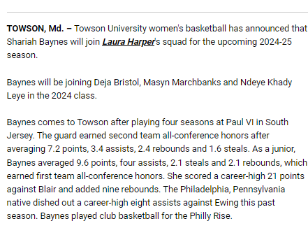 Towson WBB announces the signing of Shariah Baynes, 5-6 PG, Paul VI HS (Haddonfield, NJ) / hometown: Philadelphia, PA. She had originally signed with Monmouth, which underwent a coaching change last month. towsontigers.com/news/2024/5/16…