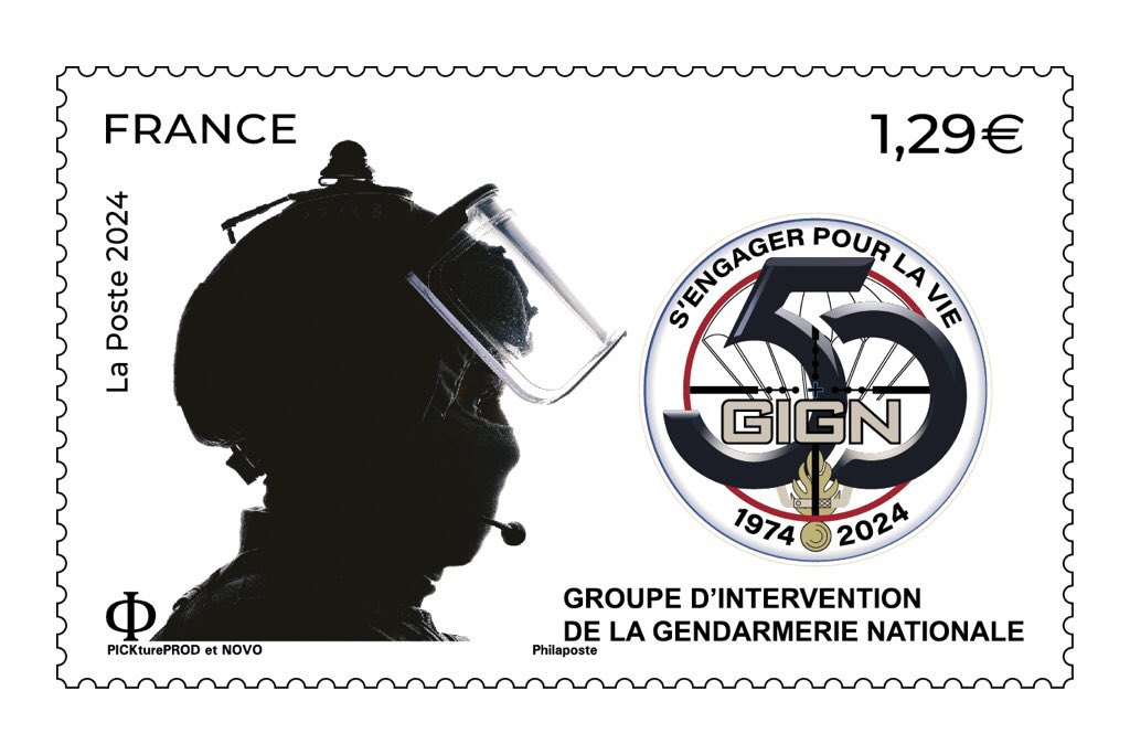 Le 17 juin 2024, Le @GroupeLaPoste émet un timbre-poste à l’occasion des 50 ans du #GIGN, Groupe d’Intervention de la @Gendarmerie. Impression en héliogravure, tirage 600.000 exemplaires. Une encre argent est apposée sur « GIGN » 🇫🇷 (via @laurentalbaret)