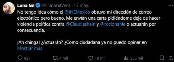 Pues ya me llegó una notificación de X por parte del @INEMexico donde la presidenta es Guadalupe Taddei, amiga del presidente. Solicita revisión y si amerita suspender mi cuenta pero X no lo hará. jajaja

La primera vez fue el año pasado donde @CitlaHM me denunció con el #INE y