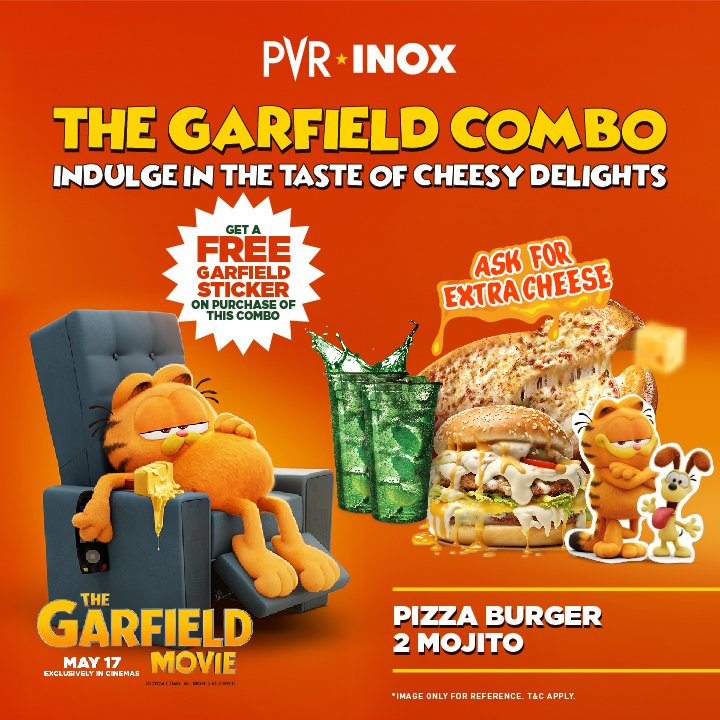 Calling all cheese lovers! 🧀 Our Garfield Combo is here to satisfy your cravings with layers of gooey goodness that not even Garfield can resist! 🍕🍔🍹 The combo includes pizza, a burger, and 2 mojitos. Plus, you get a free Garfield sticker! Now screening at PVR INOX! Book