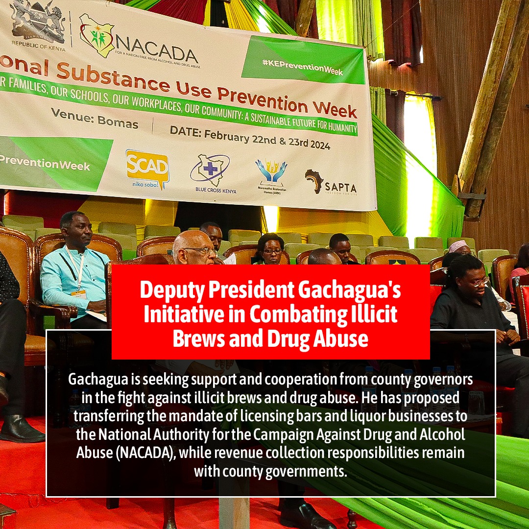 Deputy President Rigathi Gachagua is seeking support and cooperation from county leaders in fight against illicit drugs and substance use this is in line with his Initiative in combating use of drugs. Stop Illicit Brew #GachaguaVsIllicitBrews #RigathiOnAssignment