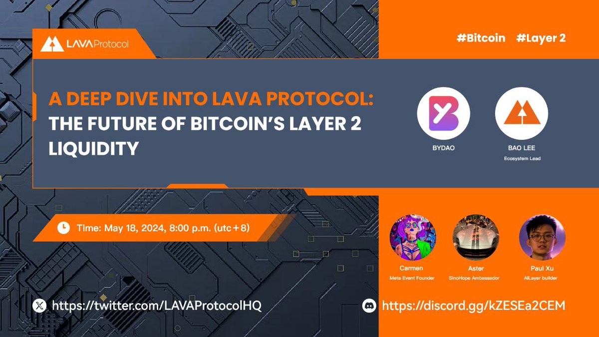 🚀 Join our Twitter Space event “Exploring LAVA Protocol: The Future of Bitcoin’s Layer 2 Liquidity” 🌐 📅Date: May 18, 2024 🔗 Link：x.com/i/spaces/1yqjd… 🎤 Special guests:@3bodymen @star5490 They will share their unique insights into the token market and answer hot