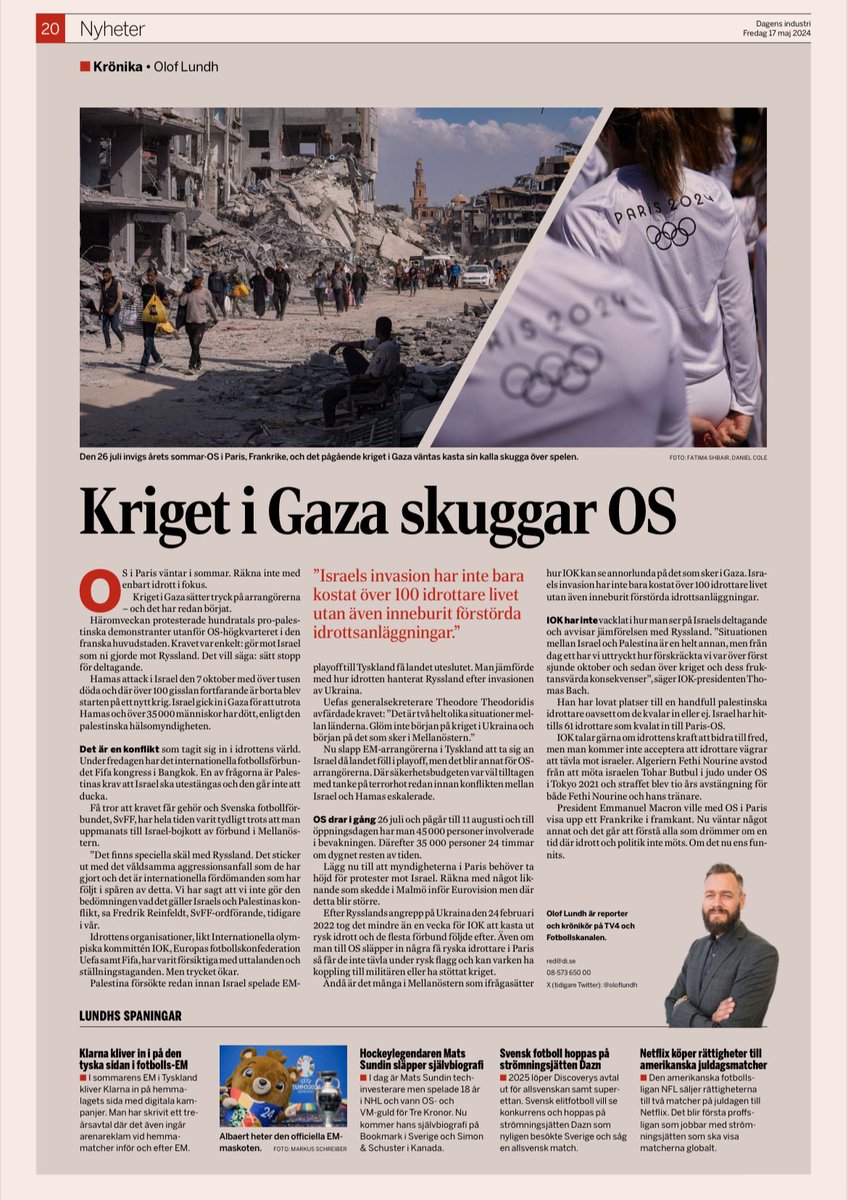 Krönika i @dagensindustri om hur kriget i Gaza hänger över sommarens OS i Paris och där IOK, Fifa och andra organisationer är under tryck. di.se/nyheter/folkfe…