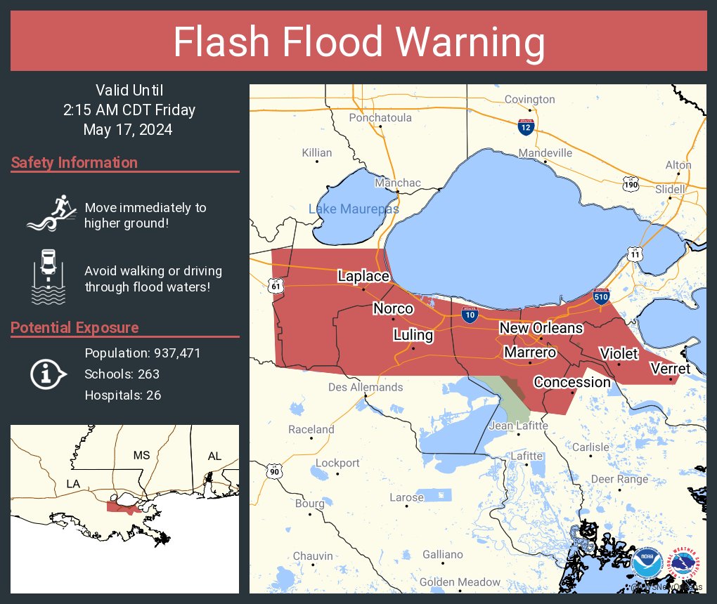 Flash Flood Warning including New Orleans LA, Metairie LA and Kenner LA until 2:15 AM CDT