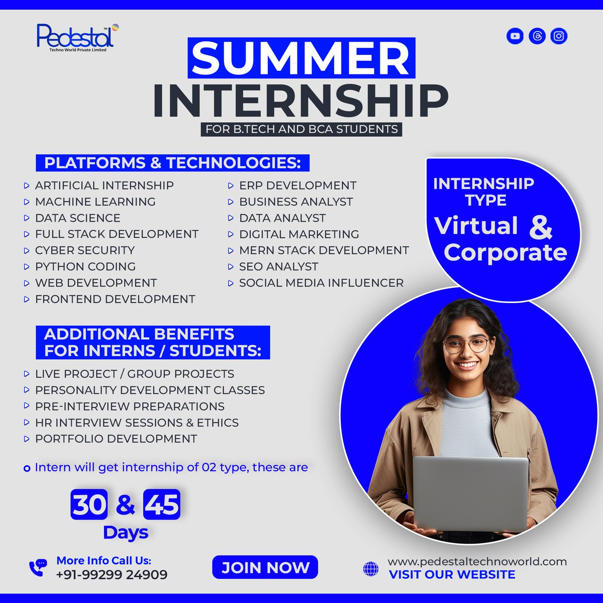 #pedestal is open for #internships now, interns can join #ArtificiallyIntelligence #machinelearning #datascience #digitalmarketing #fullstack technologies with #live projects and placement assistance.
Visit for more pedestaltechnoworld.com