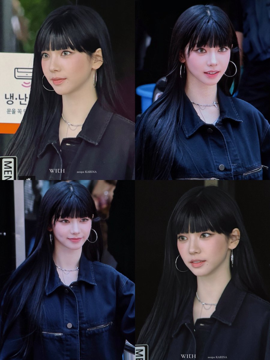 Karina with bangs and hoop earrings!! She looks like doll😫