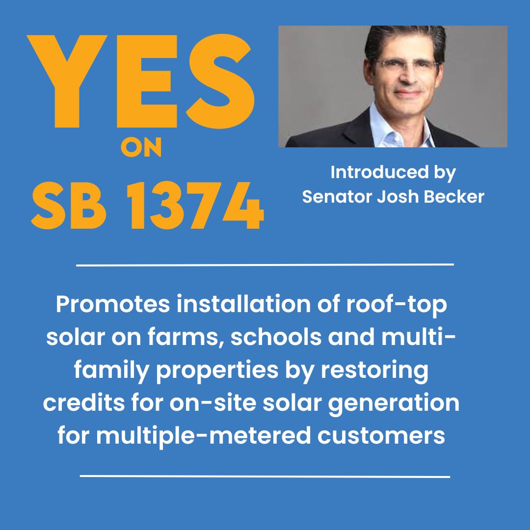 Thank you @JoshBeckerSV for introducing #SB1374.  Please call and ask your CA Senator to Support ASASP!  SB 1374 gives multiple-metered customers the right to self-consume all solar they produce, not be forced to buy it back from the utility company at extra cost!