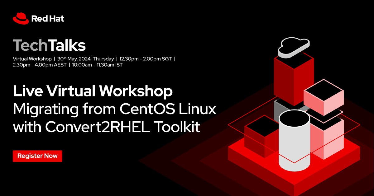 🌟 Attention #ITOps Managers, Architects, and System Admins! The deadline for CentOS end-of-life is soon. Stay ahead of the curve by joining our workshop on migrating to #RHEL with Convert2RHEL Toolkit.

Reserve your spot now: red.ht/3ULfJ7l

#TechWorkshop #RedHat