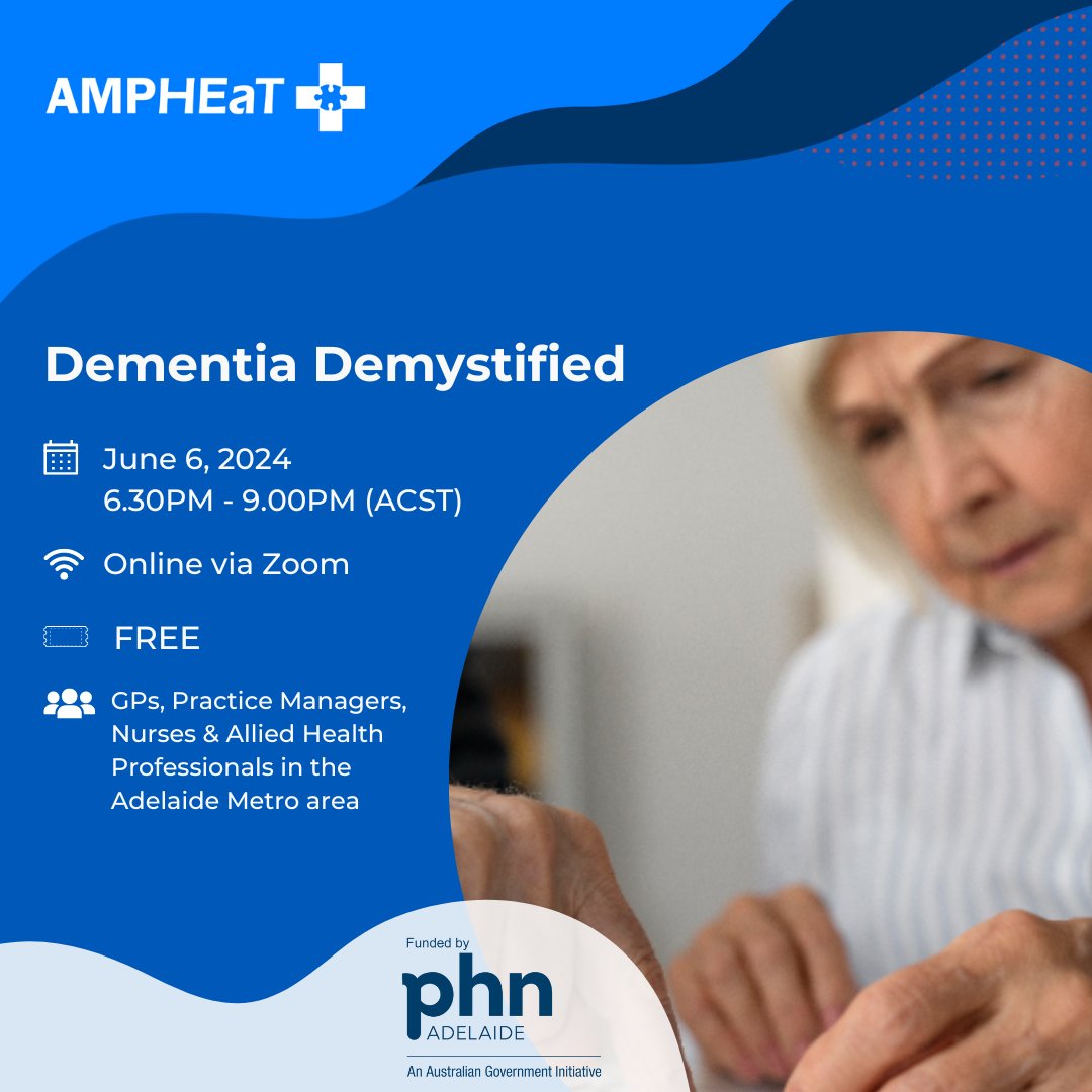 Join our free webinar to understand dementia, a leading cause of death in Australia, affecting more than just memory. Learn about its features, diagnostic challenges, and management of its symptoms. Register 👉 ampheat.com.au/event/aphn-dem…

#DementiaAwareness #HealthWorkshop