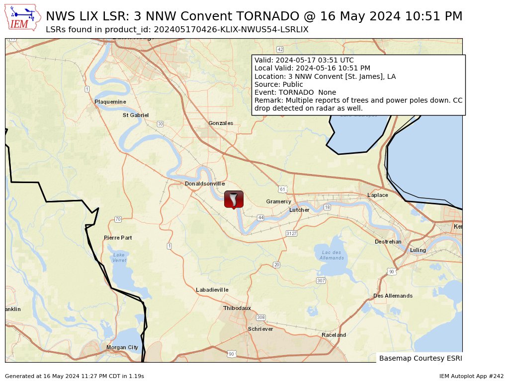 At 10:51 PM CDT, 3 NNW Convent [St. James Co, LA] Public reports Tornado. Multiple reports of trees and power poles down. CC drop detected on radar as well. #lawx mesonet.agron.iastate.edu/lsr/#LIX/20240…