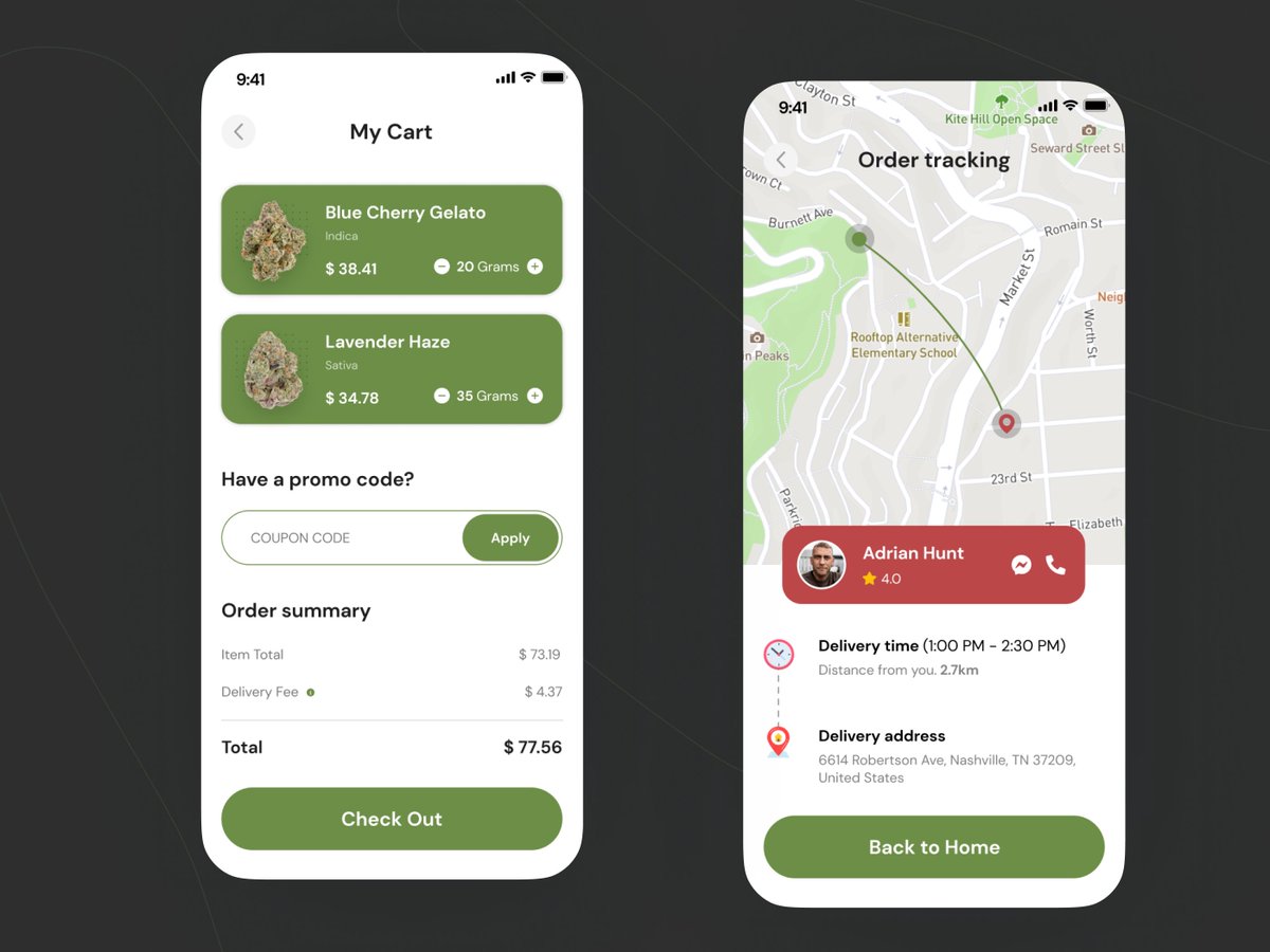 Presenting a Cannabis delivery #appdesign.

This weed delivery app streamlines the process for users, making it easy to search, order & get cannabis at their doorstep.

See more details on Dribbble➡️ tinyurl.com/2uvn62n4
.
.
#cannabisdelivery #marijuana #weeddelivery #uidesign