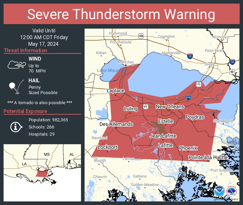 Severe Thunderstorm Warning continues for New Orleans LA, Metairie LA and Kenner LA until 12:00 AM CDT. This storm will contain wind gusts to 70 MPH!
