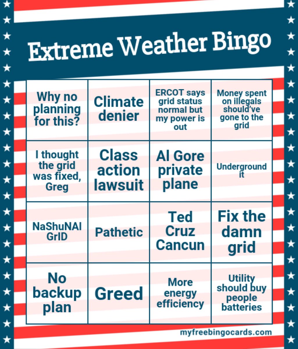 Prayers for folks in Houston.  Mess of a storm that looks like it shredded the T&D grid like a hurricane.  

For those who need humor - here’s your #energytwitter bingo card while you wait for power restoration.