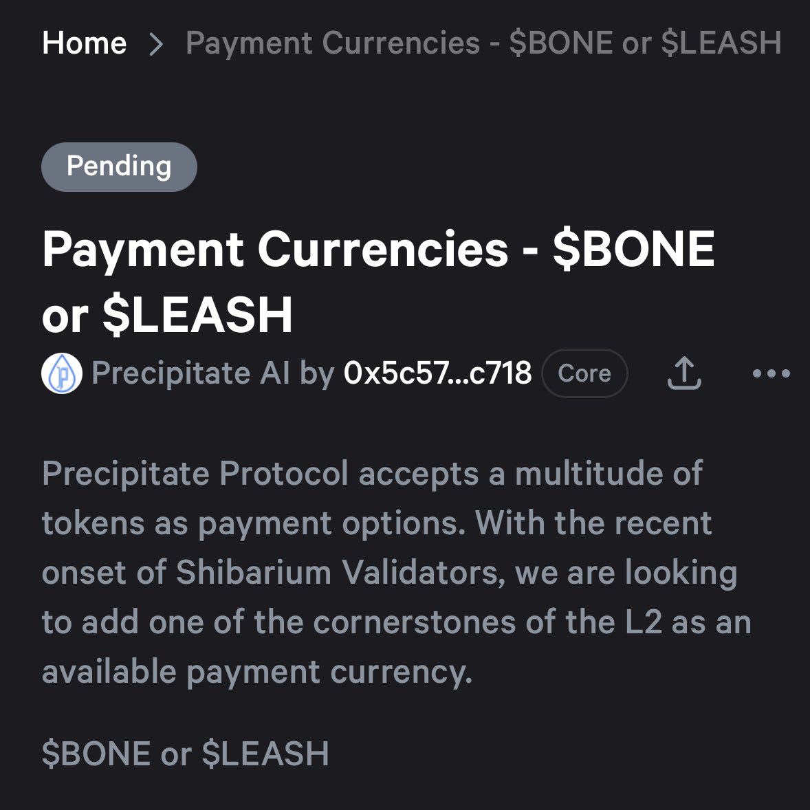 Should @PrecipitateAI accept $BONE or $LEASH as payment for setting up a #Shibarium Validator 👀

gov.precipitate.ai