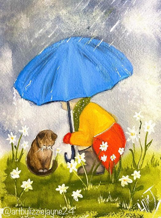 Feral Cat Project FB #Art by Lizzie Jayne 'Be The Change” “The sweetest people in the world are the ones who come looking for you in the pouring rain, simply to cover you with their umbrella of kindness.” Original art & quote (c) ~ Lizzie Jayne, 2024.