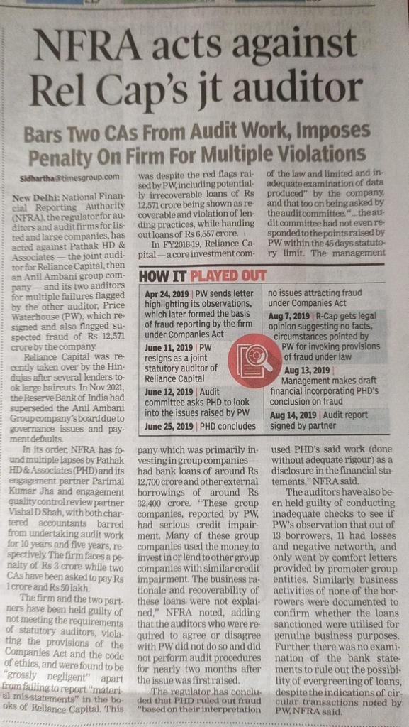 Times of India - 15.04.24
NFRA is now moving esp when @theicai was not tkng action agst errant auditors for decades &  going soft on penalising 👍 
@MCA21India @nfrasocial 
@IASassociation @icsi_cs @ICWAInew @ICWA_NewDelhi @ni @CAPAaccountancy @PMOIndia @ANI @CimGOI @PiyushGoyal