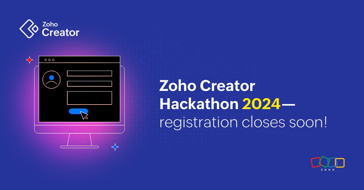 It's your last chance to participate in the global low-code hackathon by Zoho Creator. Participate for free! 🔗 zurl.co/HY3c @Zoho #LowCode #Hackathon
