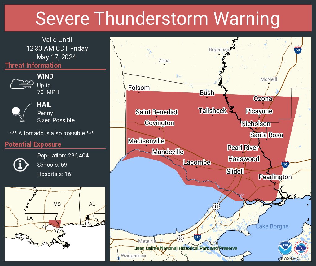 Severe Thunderstorm Warning continues for Slidell LA, Mandeville LA and Picayune MS until 12:30 AM CDT. This storm will contain wind gusts to 70 MPH!