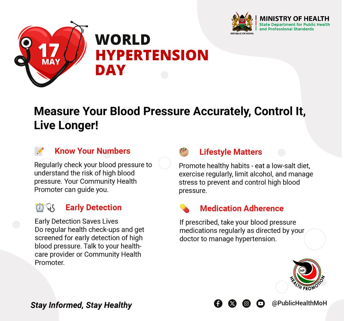 Today is World Hypertension Day,the theme is :'Measure Your Blood Pressure Accurately, Control It, Live Longer!'. #AfyaNyumbani #WorldHypertensionDay #NCDs