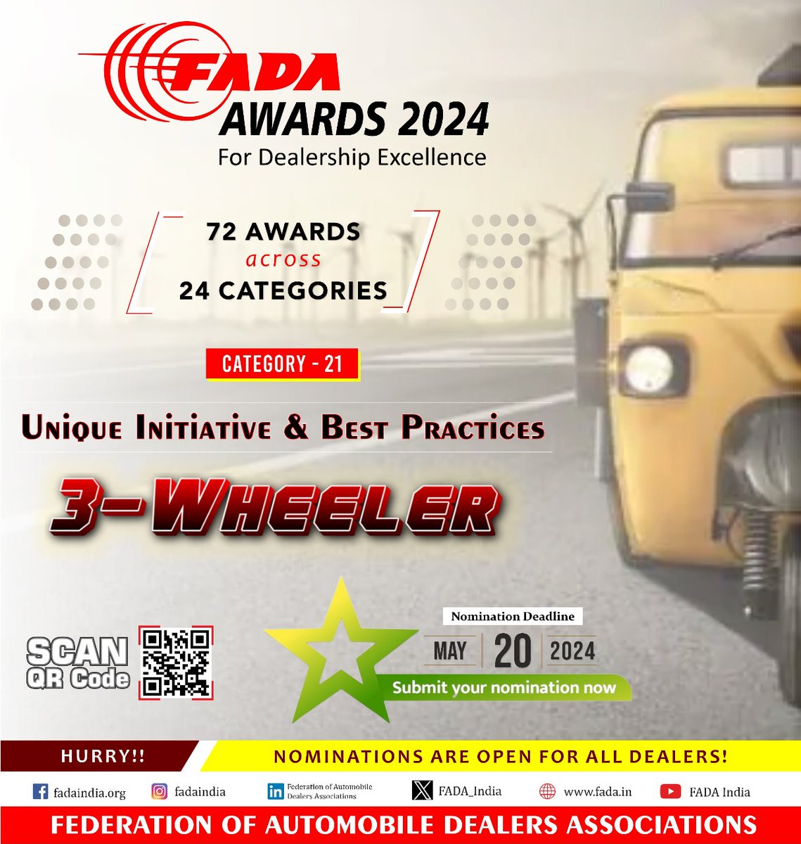 Nominations for the esteemed FADA Dealership Excellence Awards 2024 are now open! Are you ready to showcase your dealership's unique initiatives and best practices in the 3-Wheeler category? Link: fada.in/event-details.… #FADAAwards2024 #AutomobileExcellence #NominationsOpen