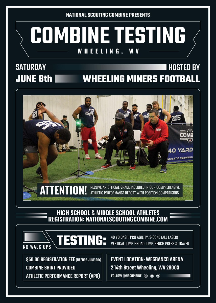 Athletes in the @OVAC_One region, the National Scouting Combine is coming to Wheeling, WV! Get pro combine testing, official #'s,NSC Grade, comprehensive report & attend the @WheelingMiners1 game! Top performances will be recognized at halftime! Register: nationalscoutingcombine.com/wheeling-miner…