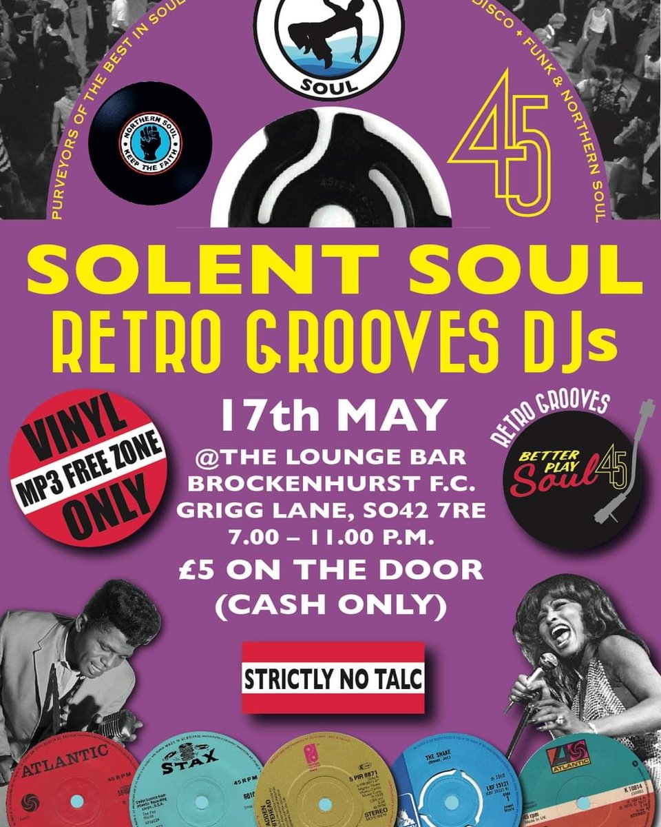 SOLENT SOUL TONIGHT Friday 17th May 2024 7-11pm £5 per person on the door (Cash Only) Solent Soul will be playing their Vinyls @Brock_FC John & S-J (Retro Grooves) will be playing a mix of the popular & the hardly heard Motown, Soul, Disco, Funk, Northern & 60s R&B classics