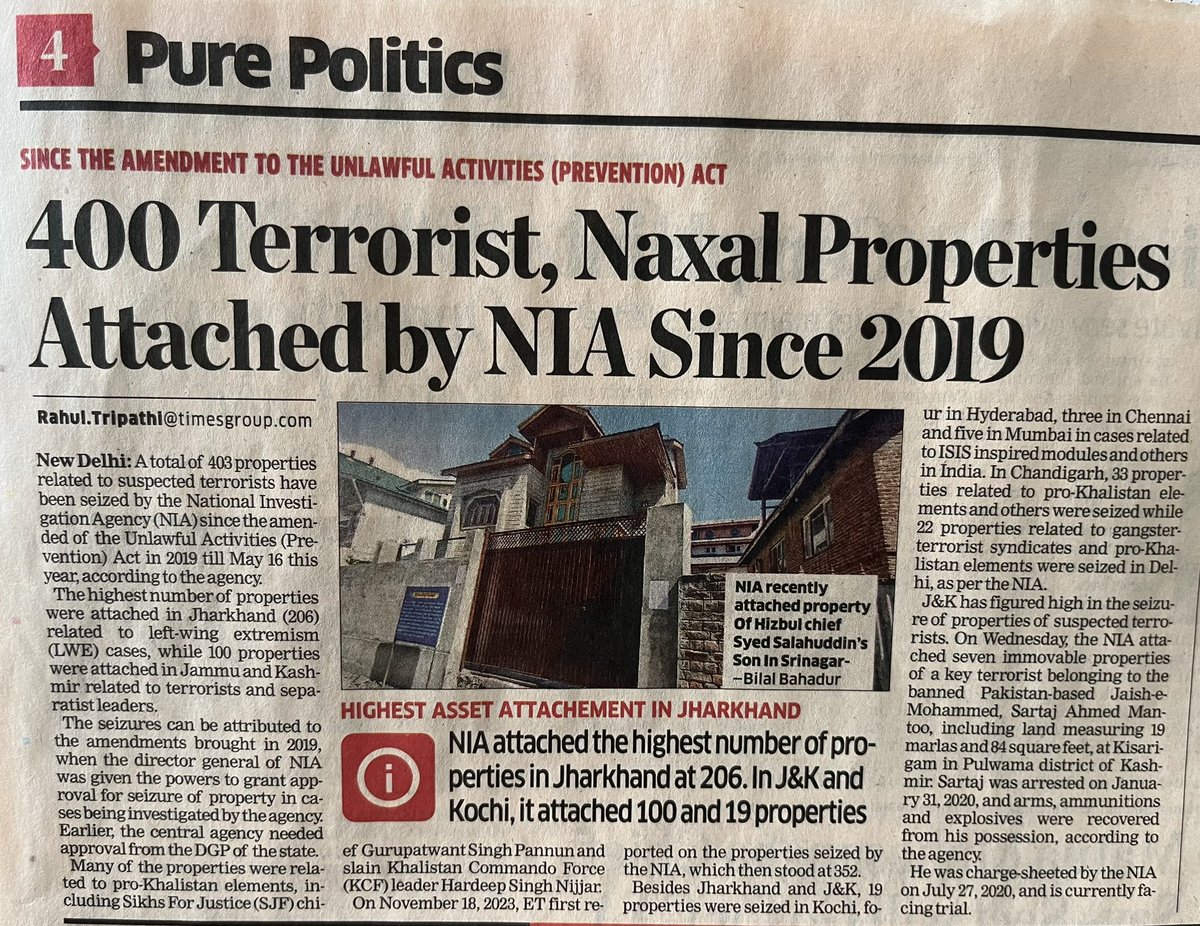 Over 400 properties, bank accounts seized by @NIA_India since 2019 after the UAPA law was amended by @AmitShah led home ministry. The highest seizures of properties was reported in Jharkhand (LWE) followed by Kashmir. @ETPolitics.