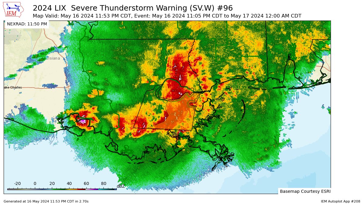 LIX continues Severe Thunderstorm Warning [tornado: POSSIBLE, damage threat: DESTRUCTIVE, wind: 80 MPH (OBSERVED), hail: 0.75 IN (RADAR INDICATED)] for Jefferson, Lafourche, Orleans, Plaquemines, St. Bernard, St. Charles [LA] till 12:00 AM CDT mesonet.agron.iastate.edu/vtec/f/2024-O-…