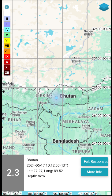 EQ of M: 2.3, On: 17/05/2024 10:12:00 IST, Lat: 27.27 N, Long: 89.52 E, Depth: 8 Km, Location: Bhutan. For more information Download the BhooKamp App riseq.seismo.gov.in/riseq/earthqua… @KirenRijiju @Ravi_MoES @Dr_Mishra1966 @ndmaindia @Indiametdept