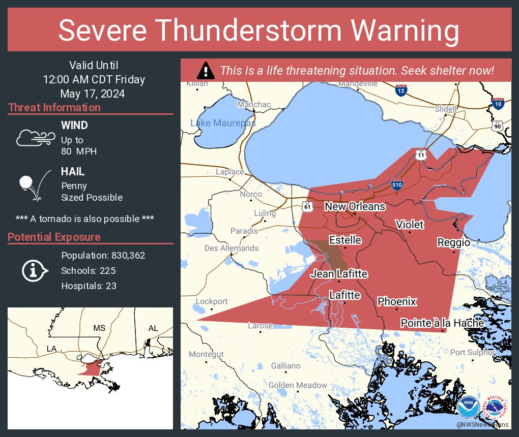 Severe Thunderstorm Warning continues for New Orleans LA, Metairie LA and Marrero LA until 12:00 AM CDT. This destructive storm will contain wind gusts to 80 MPH!