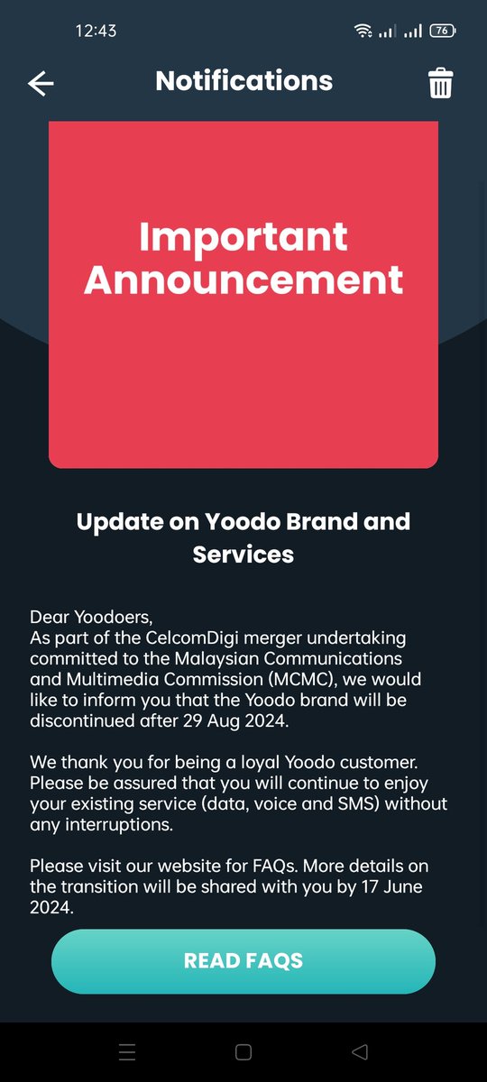 Yoodo will be discontinued upon its merging (celcomdigi).

Boleh digunakan lagi sampai 29/8.

17/6 ada announcement baru, hope buat nak brand baru la kot.  

Yoodo ni affordable interne provide flexibility plan. Better comes up dgn benda yg sama cause I AM BROKE