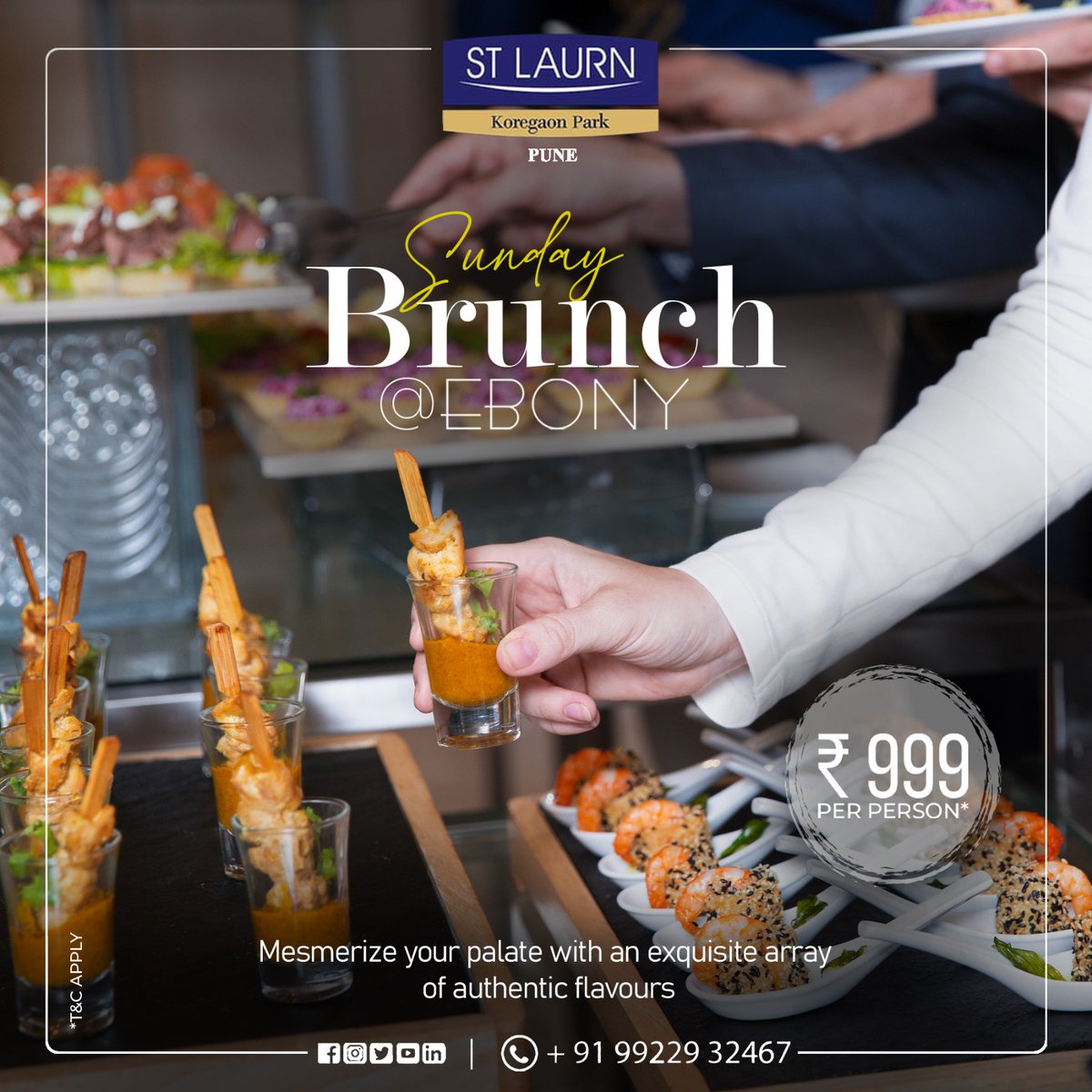 Treat yourself to a delightful Sunday Brunch at Ebony, St Laurn for just ₹999! 🍽️✨ Indulge in a culinary experience like no other. Don't miss out! #SundayBrunch #Ebony #StLaurn #FoodieDelight #BrunchGoals #WeekendVibes #GourmetExperience #FoodLovers #CulinaryTreat