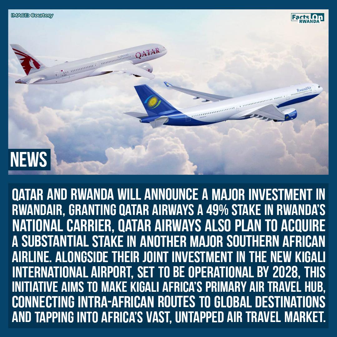 RWANDA 🇷🇼🇶🇦 QATAR

Qatar Airways plans to invest in a Southern African airline to complement its larger strategy of making Kigali Africa's alternative air travel hub, following the upcoming official announcement of its acquisition of a 49% stake in RwandAir. #FactsOnRwanda