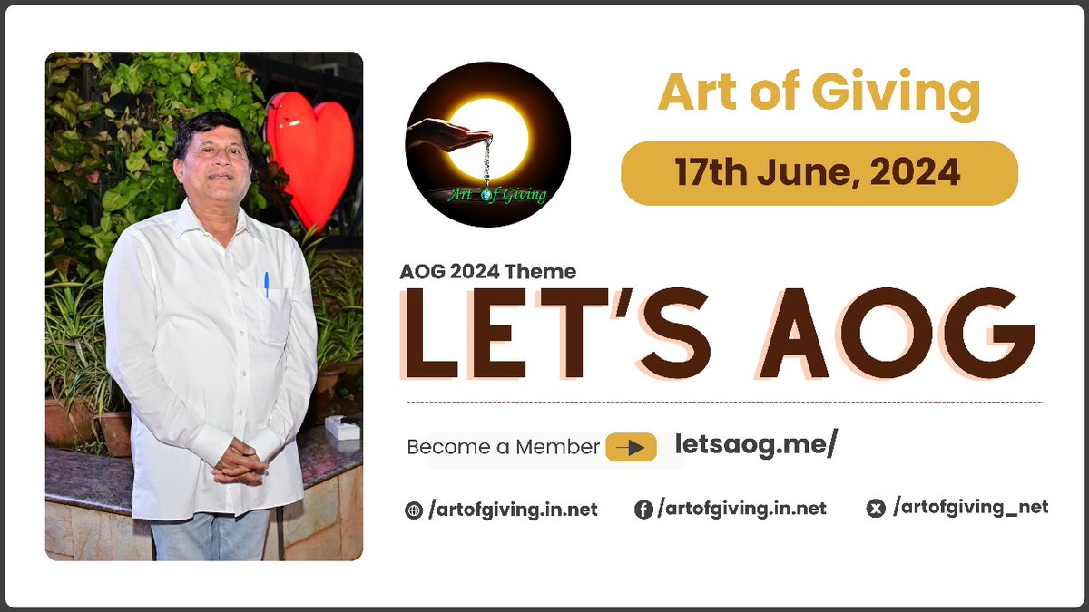 As you know, 17th May is the Art of Giving anniversary, celebrated worldwide with joy. Due to elections, we will celebrate on 17th June. Heartfelt wishes to all followers in India & globally. Let's come together under the theme 'Let's AOG' on 17th June. Happy AOG Foundation Day!