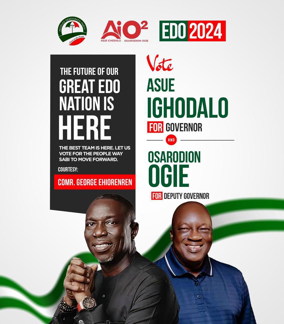 Dr. @Aighodalo and Barr. Osarodion Ogie offer a blend of experience, competence, innovation, and empathy. Together, they'll steer Edo towards unprecedented growth and development.

#AsueOgie2024
#AsueIghodalo2024