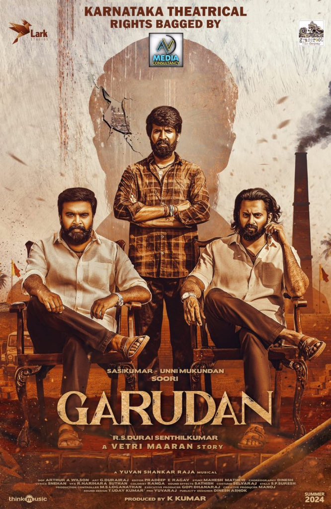 #Garudan Karnataka rights bagged by @venkatavmedia. May 31 release Starring: @sooriofficial @SasikumarDir @Iamunnimukundan Written and Directed by @Dir_dsk An @thisisysr musical #VetriMaaran